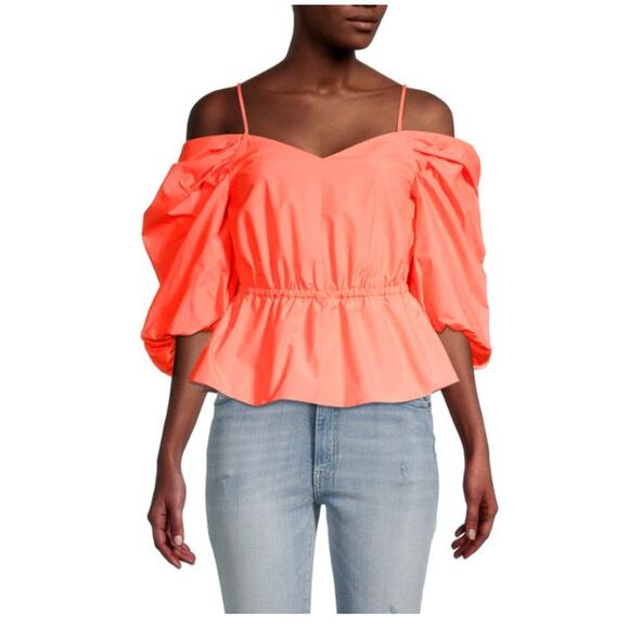 Tanya Taylor Caroline Cold-Shoulder Peplum Top in Melon - Picture 1 of 9